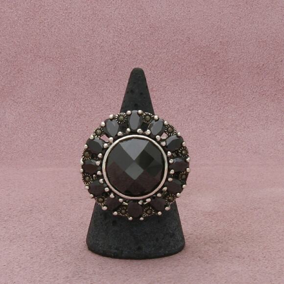 Sterling Jewelry - sterling silver chunky marcasite & black cz cocktail ring size 8.5